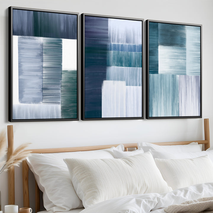 Patchwork Blue Set of 3 Prints Wall Art Moncasso