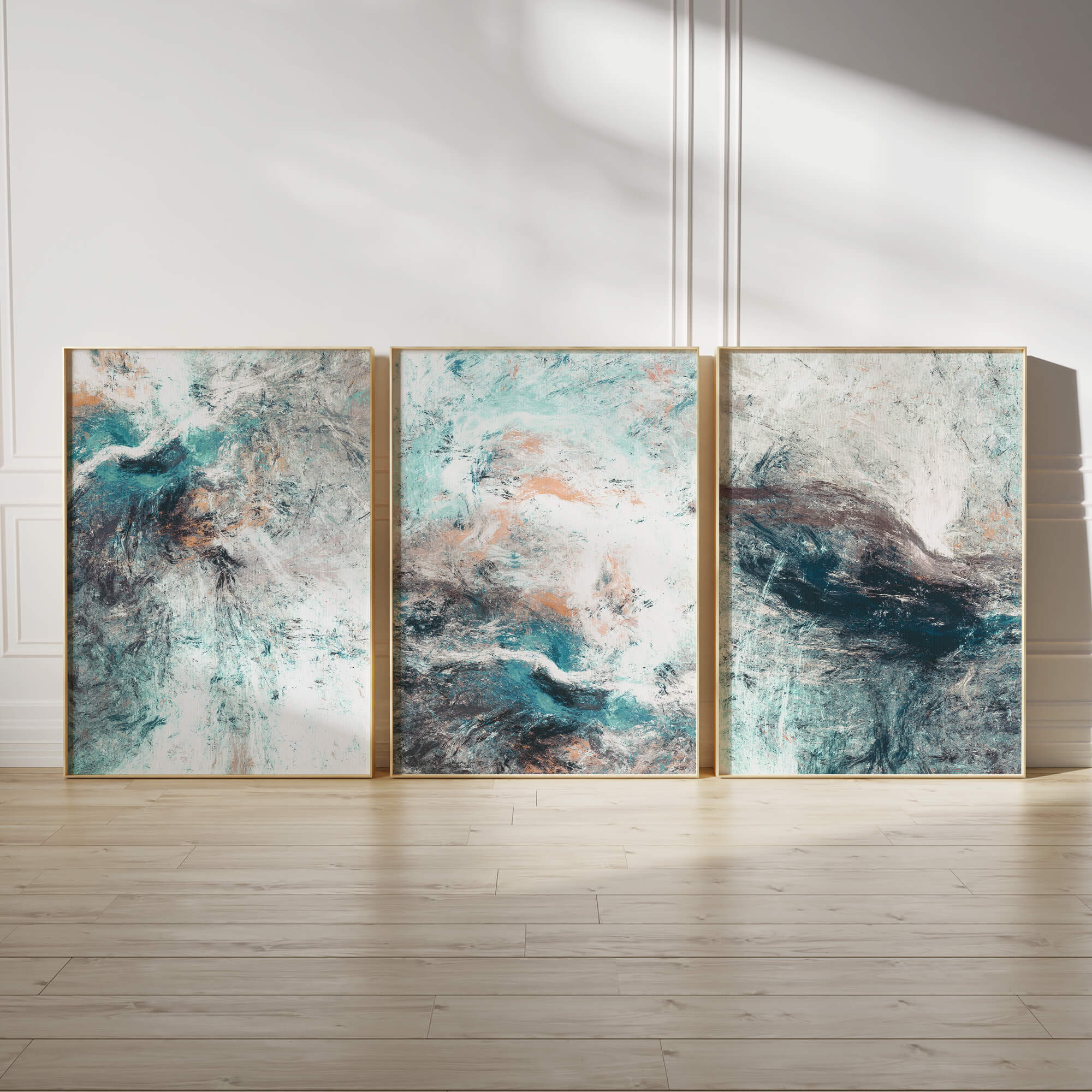 Abstract Wall Art Set of 3 Blue and Grey Large Canvas Prints for Living