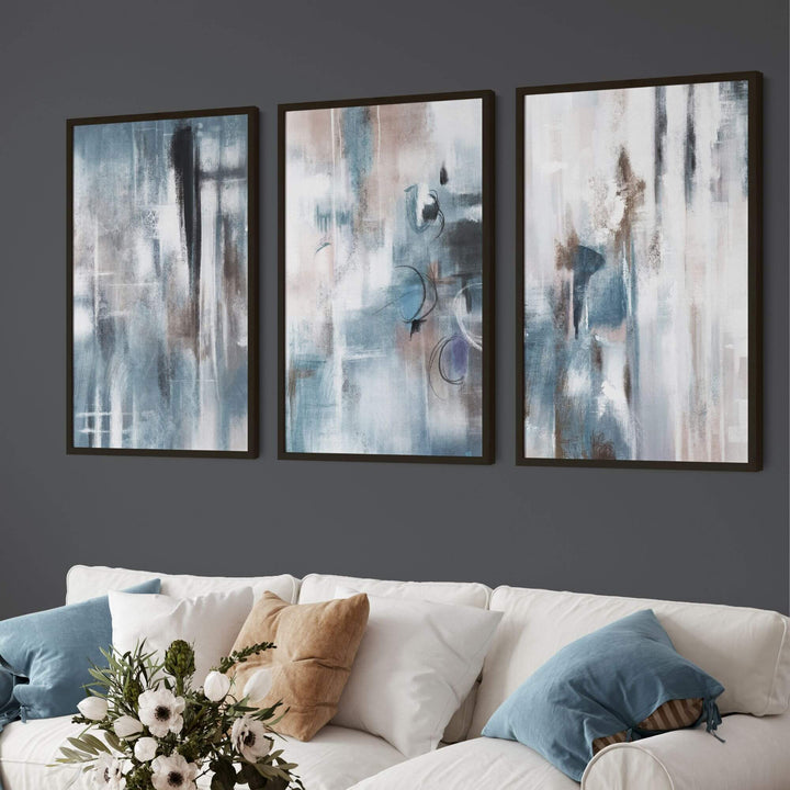 Abstract Bleu Set of 3 Prints Wall Art Moncasso