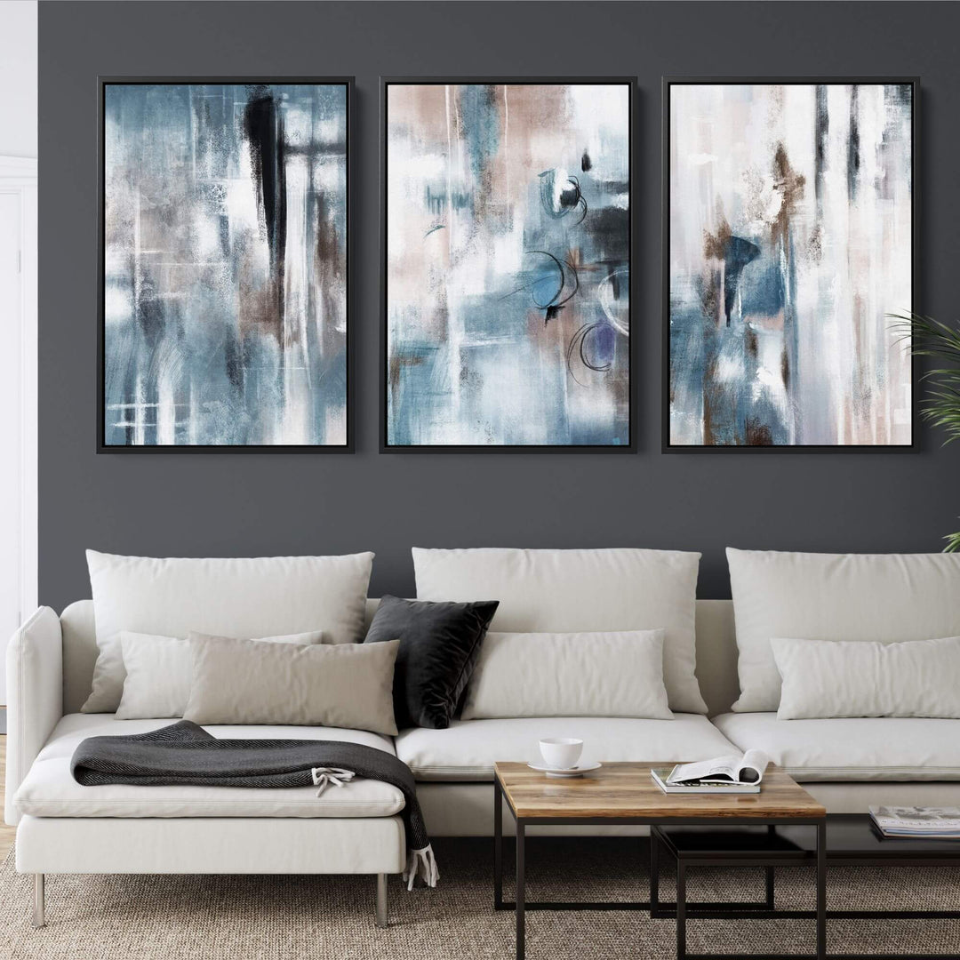 Abstract Bleu Set of 3 Prints Wall Art Moncasso