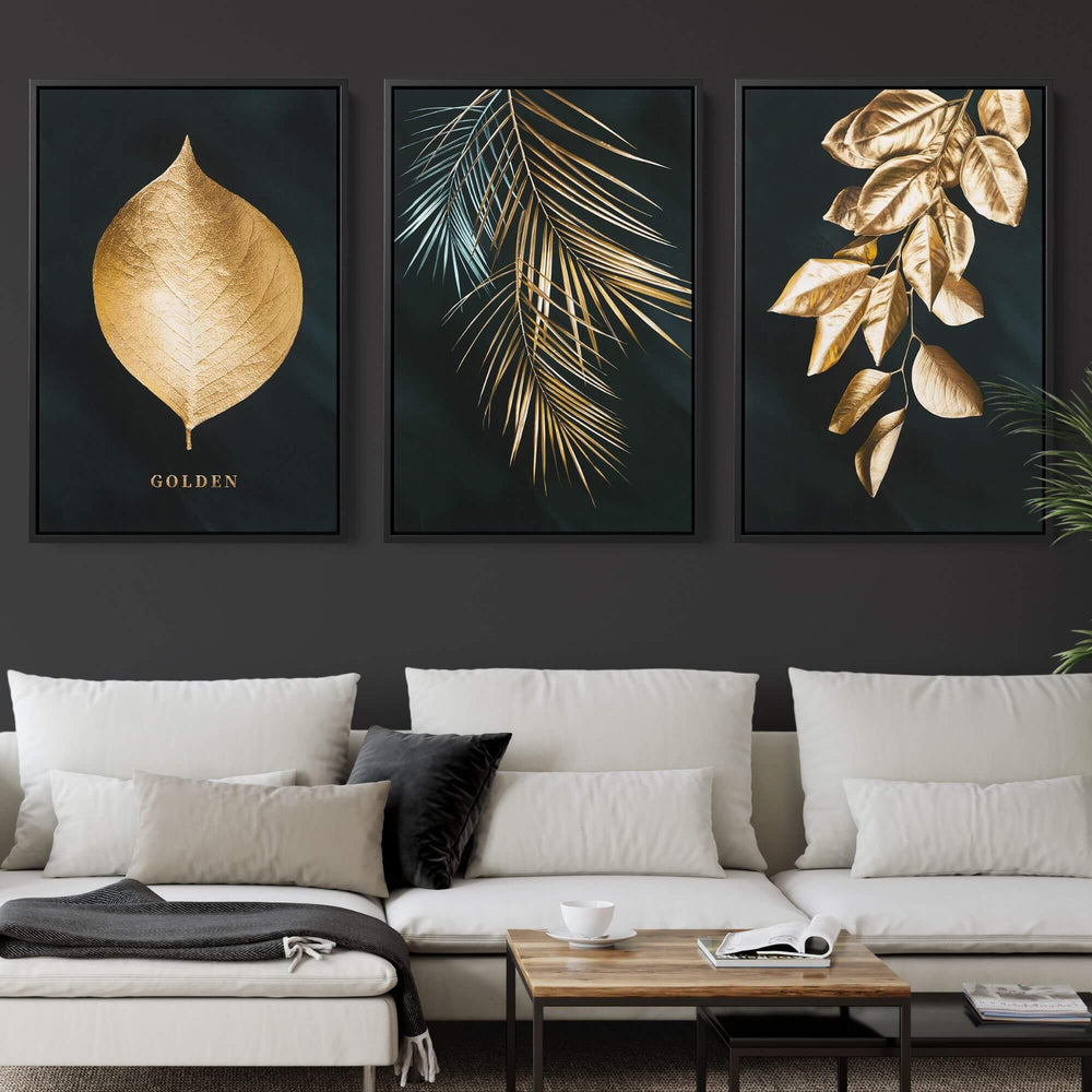 Gold Leaves Set of 3 Prints Wall Art Moncasso