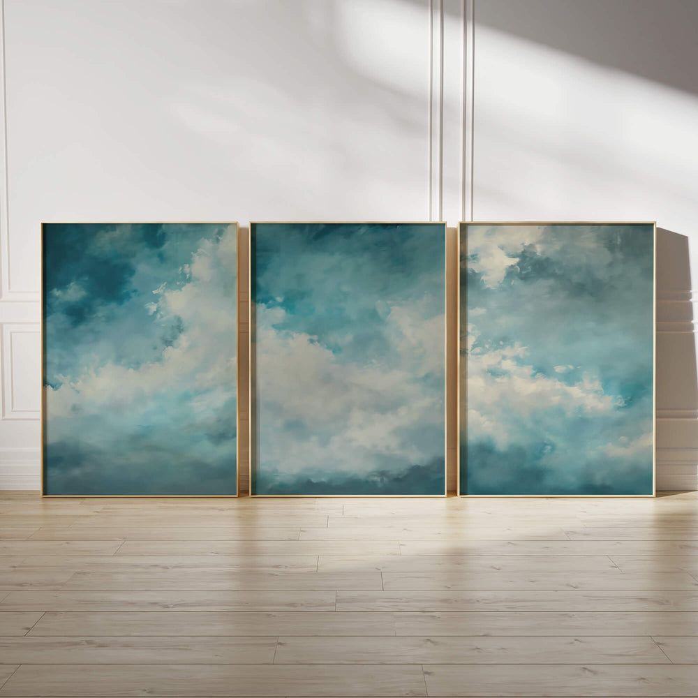 Blue Drifting Clouds Set of 3 Prints Wall Art Moncasso