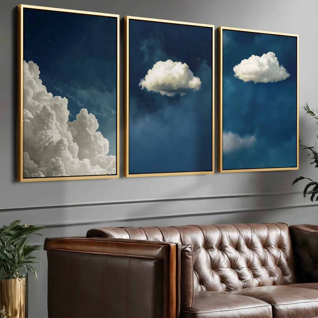 Blue Clouds Set of 3 Prints Wall Art Moncasso