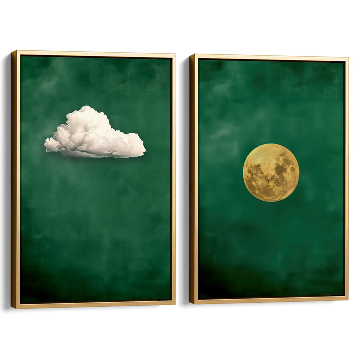 Emerald Cloud and Moon Set of 2 Prints Wall Art Moncasso