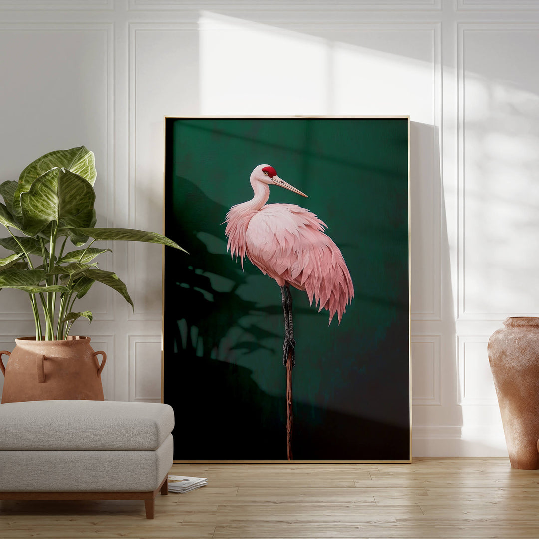 Pink Crane on Green Print Wall Art Moncasso