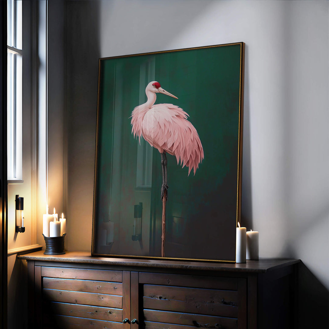 Pink Crane on Green Print Wall Art Moncasso