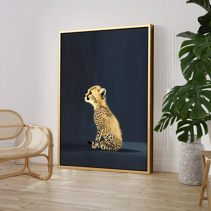 Yellow Cheetah Cub on Blue Print Wall Art Moncasso