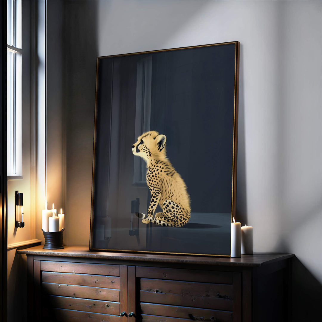 Yellow Cheetah Cub on Blue Print Wall Art Moncasso