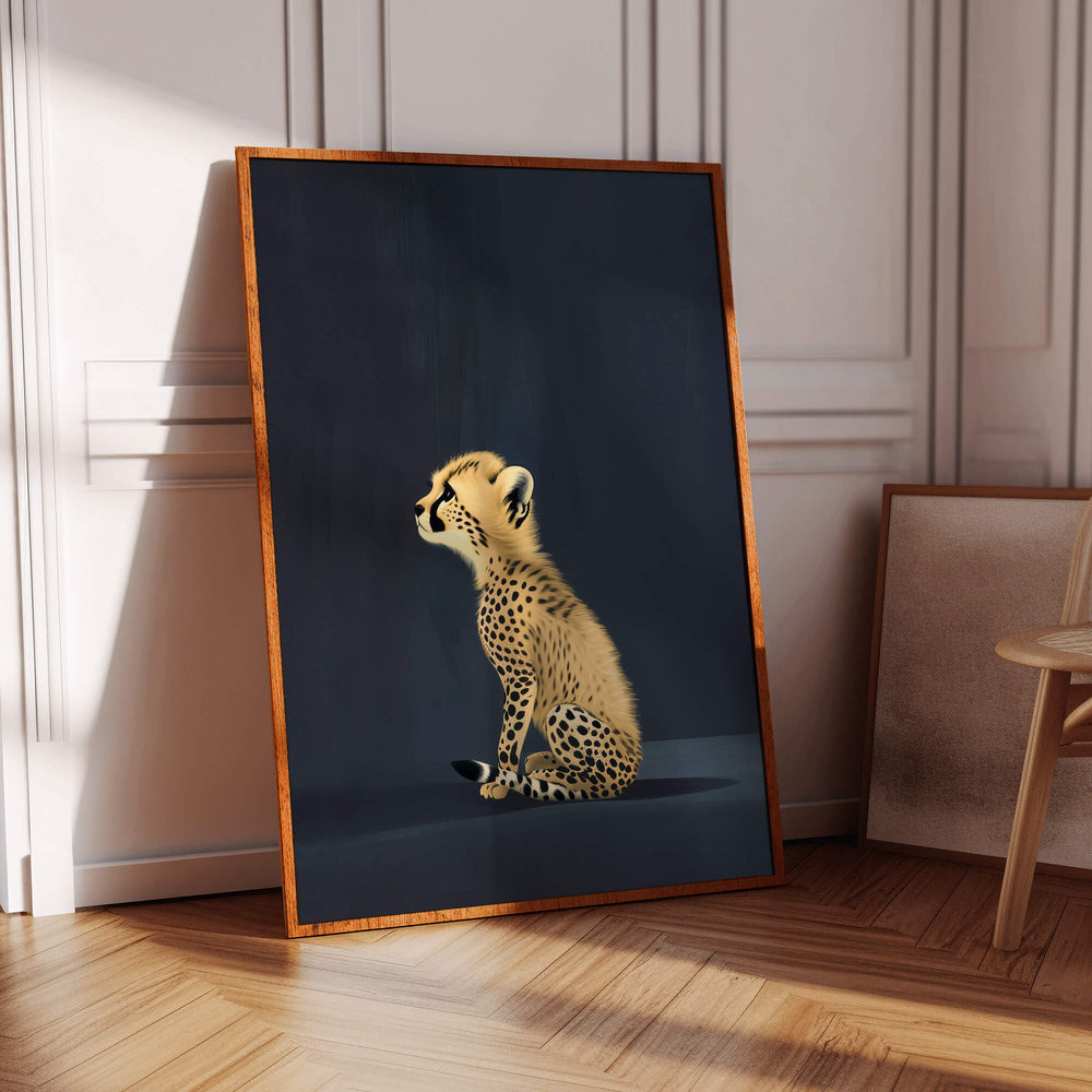 Yellow Cheetah Cub on Blue Print Wall Art Moncasso