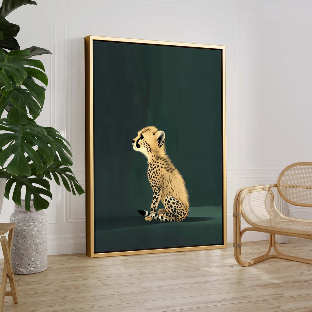 Yellow Cheetah Cub on Green Print Wall Art Moncasso
