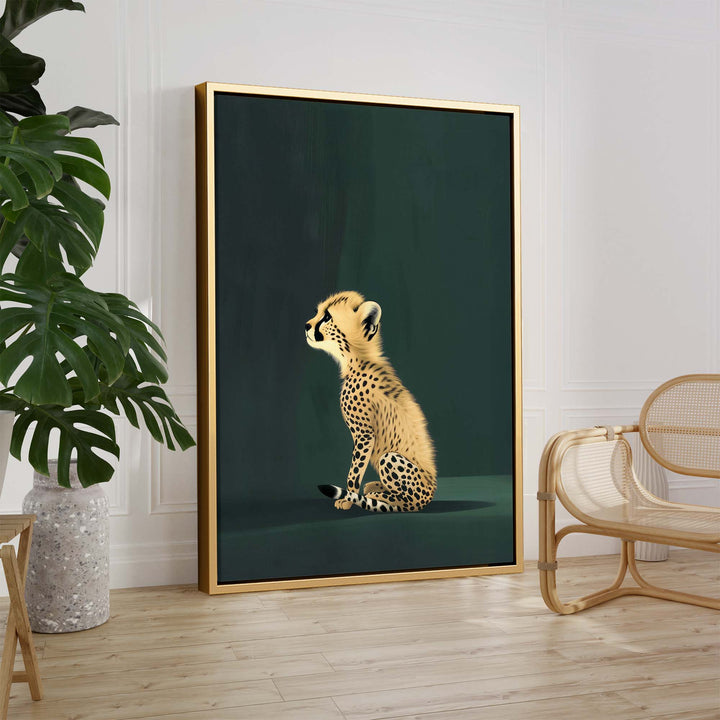 Yellow Cheetah Cub on Green Print Wall Art Moncasso