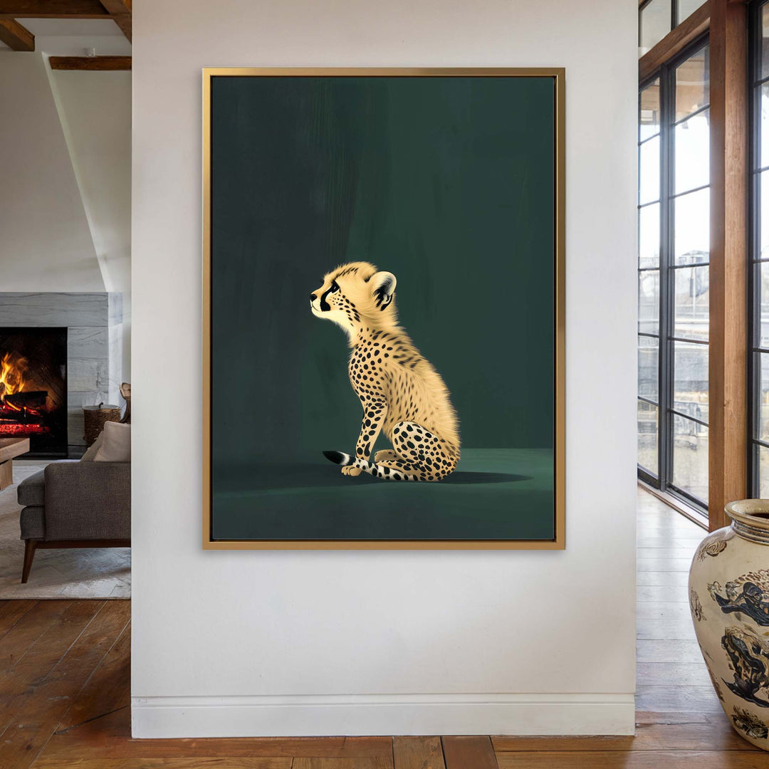 Yellow Cheetah Cub on Green Print Wall Art Moncasso