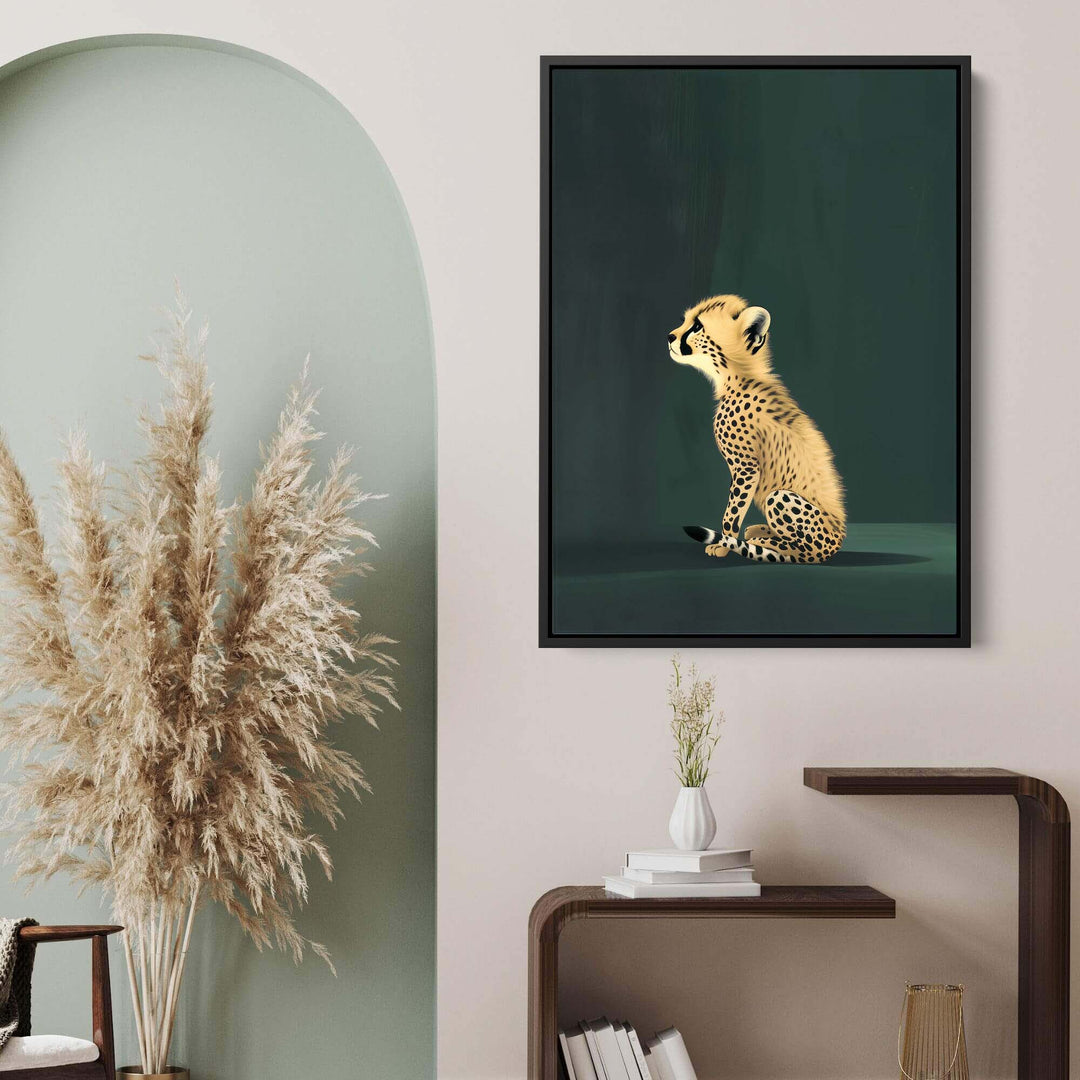 Yellow Cheetah Cub on Green Print Wall Art Moncasso