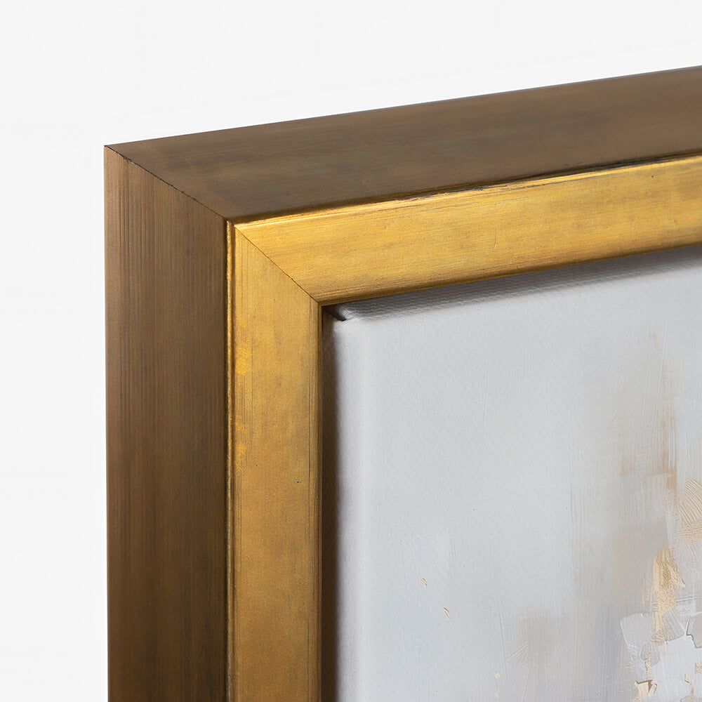 closeup image of floating frame canvas corner with gold frame