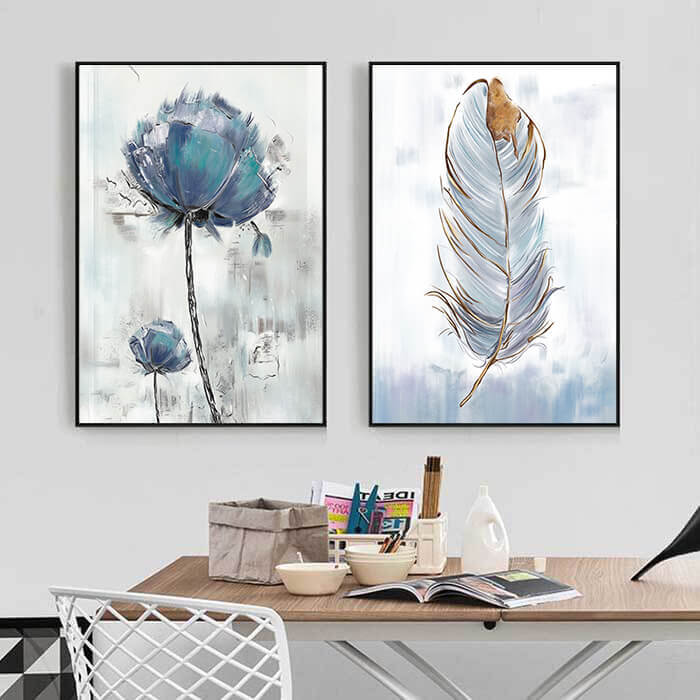 Blue Flowers Wall Art Set of 3 Blue Large Canvas Prints for Living