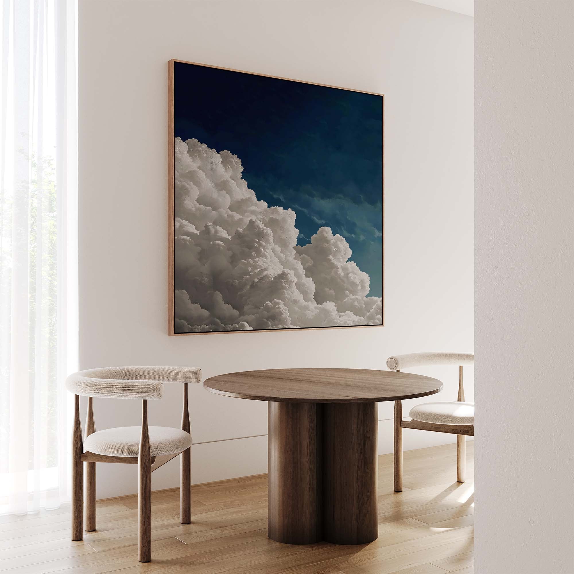 Square wall art, a square framed canvas print above a dining table