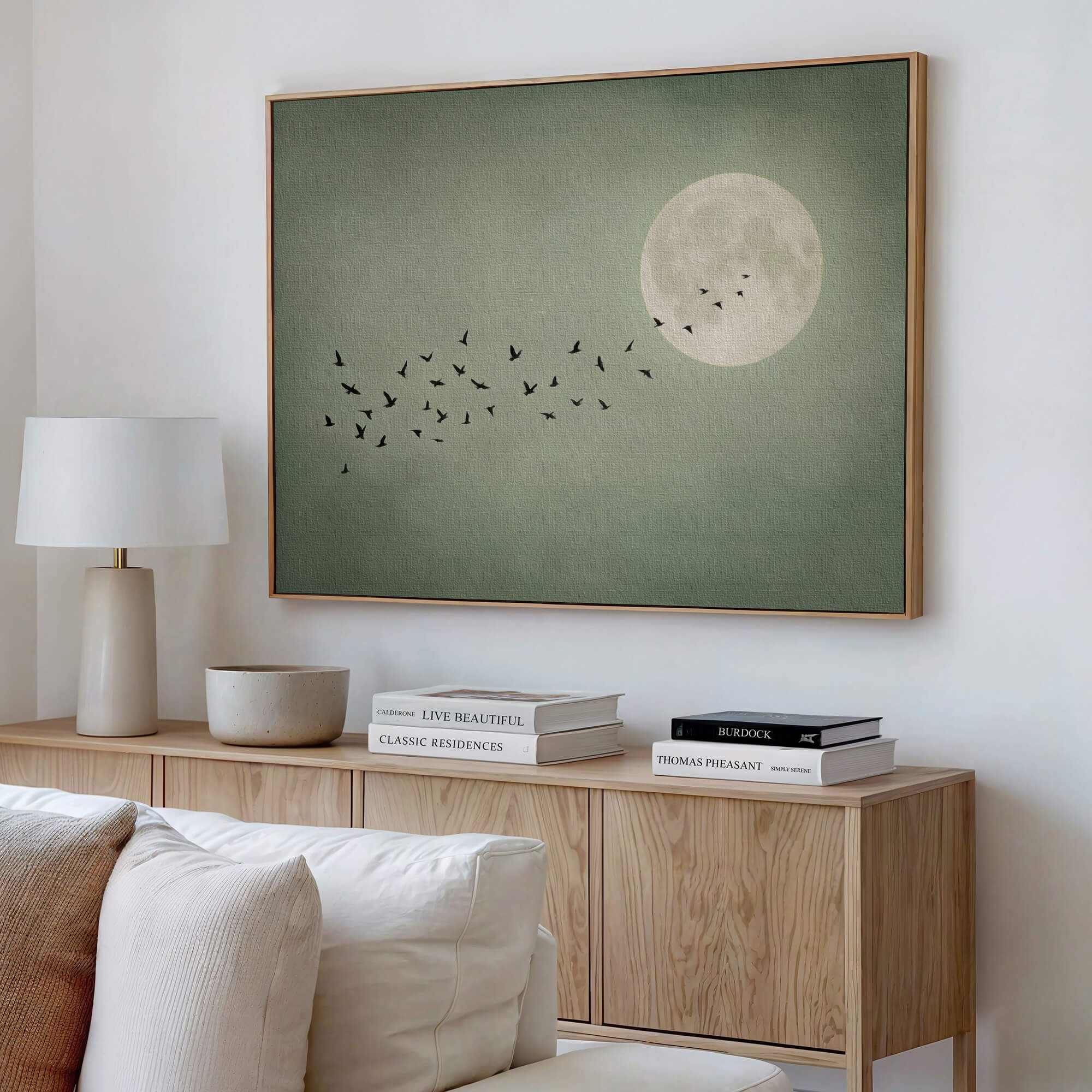Japandi wall art, a muted canvas print above a low oak sideboard