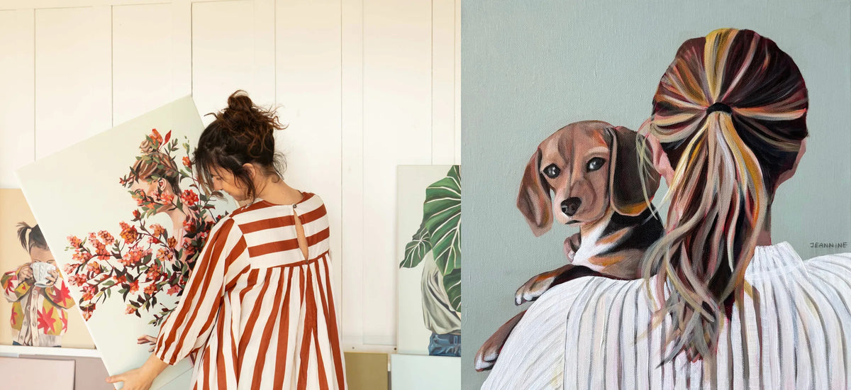 Jeannine Läderach in her studio, alongside her painting Be There For Others.