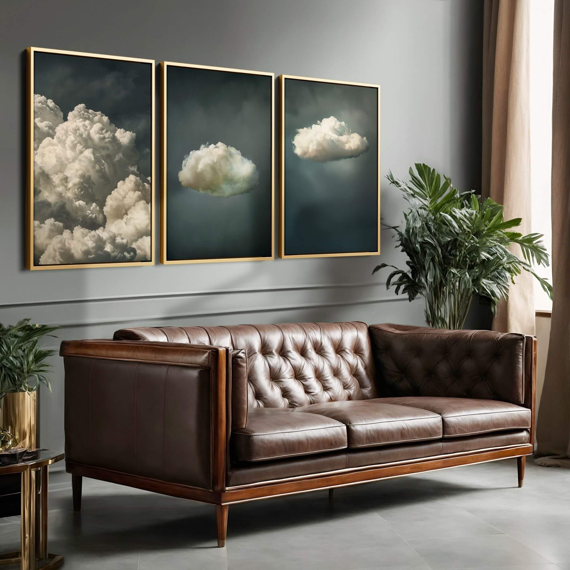 Living room wall art, a set of three framed canvas prints above a sofa