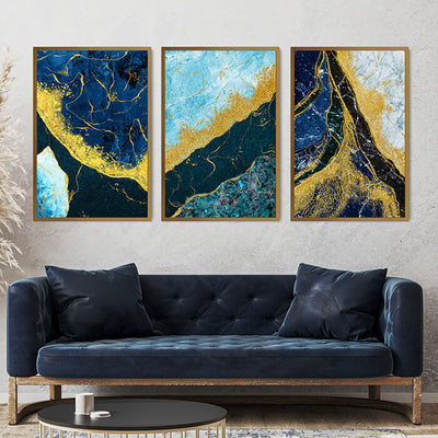 Abstract Wall Art Set of 3 Navy Blue and White Large Canvas Prints for ...