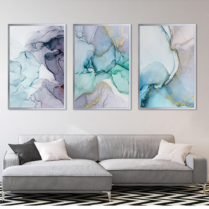 Abstract Wall Art Set of 3 Turquoise Blue Large Canvas Prints for ...