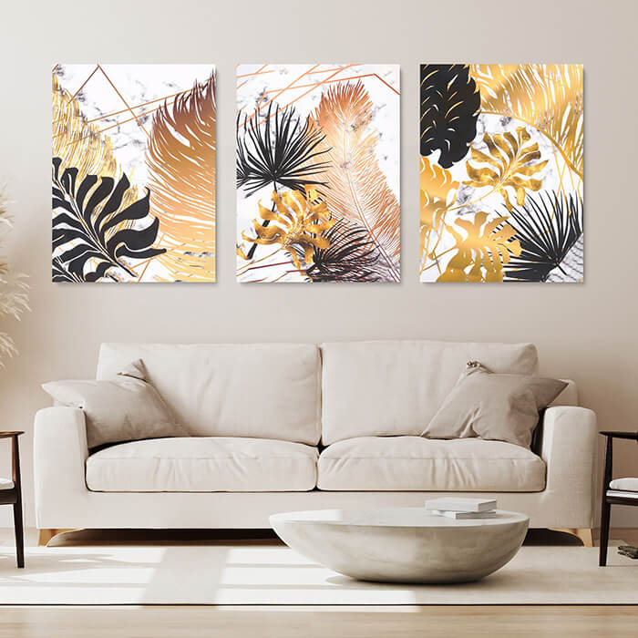 Modern Wall Art Set of 3 Gold Leaves Large Canvas Prints for Living ...