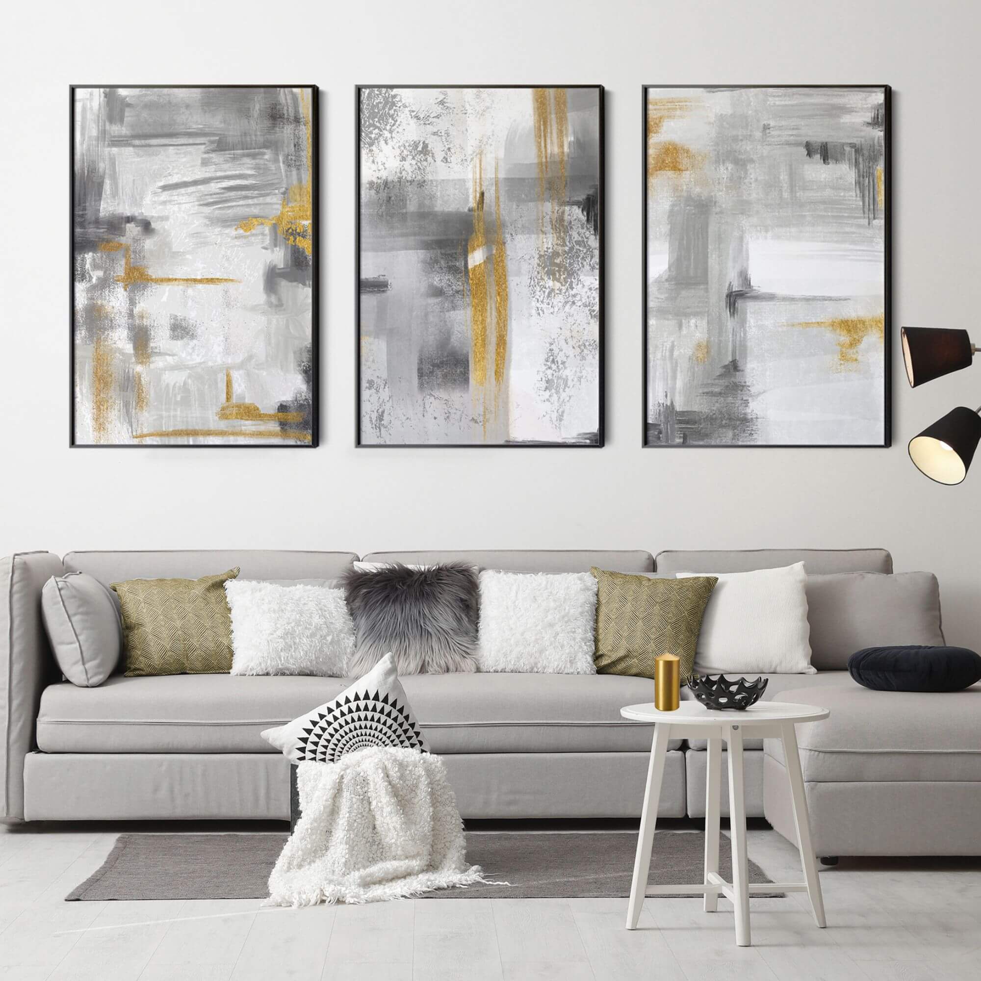 Abstract Wall Art Set of 3 Grey Large Canvas Prints for Living Room ...