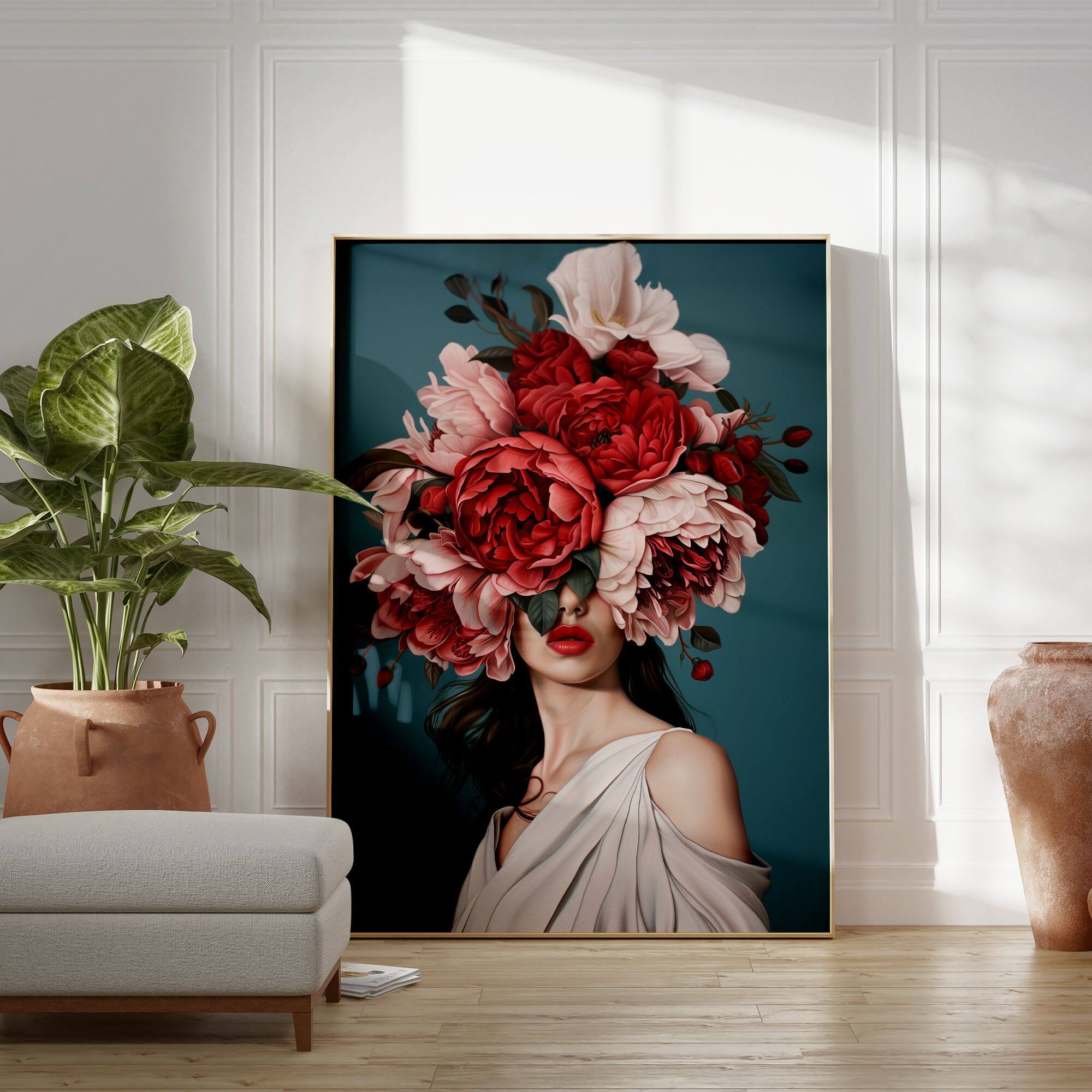 Rose Veil Print | Red & Pink Roses Teal Dark Blue Floral Woman