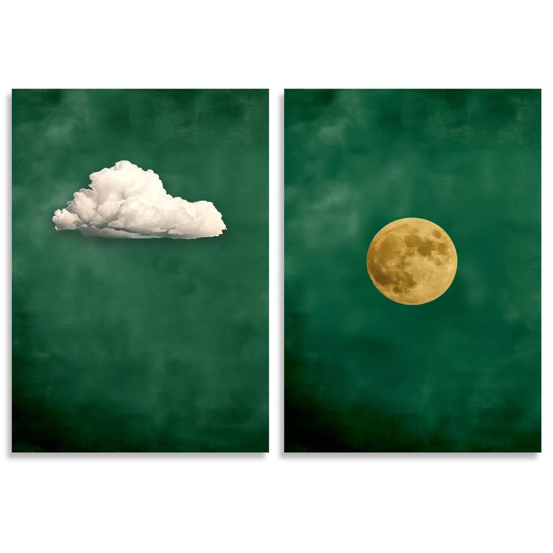 Emerald Cloud and Moon Set of 2 Prints Wall Art Moncasso