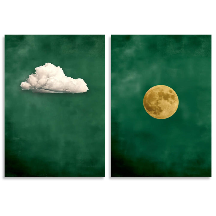 Emerald Cloud and Moon Set of 2 Prints Wall Art Moncasso