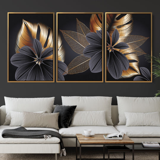 Gold Leaves Wall Art Set of 3 Black and Gold Large Canvas Prints for ...