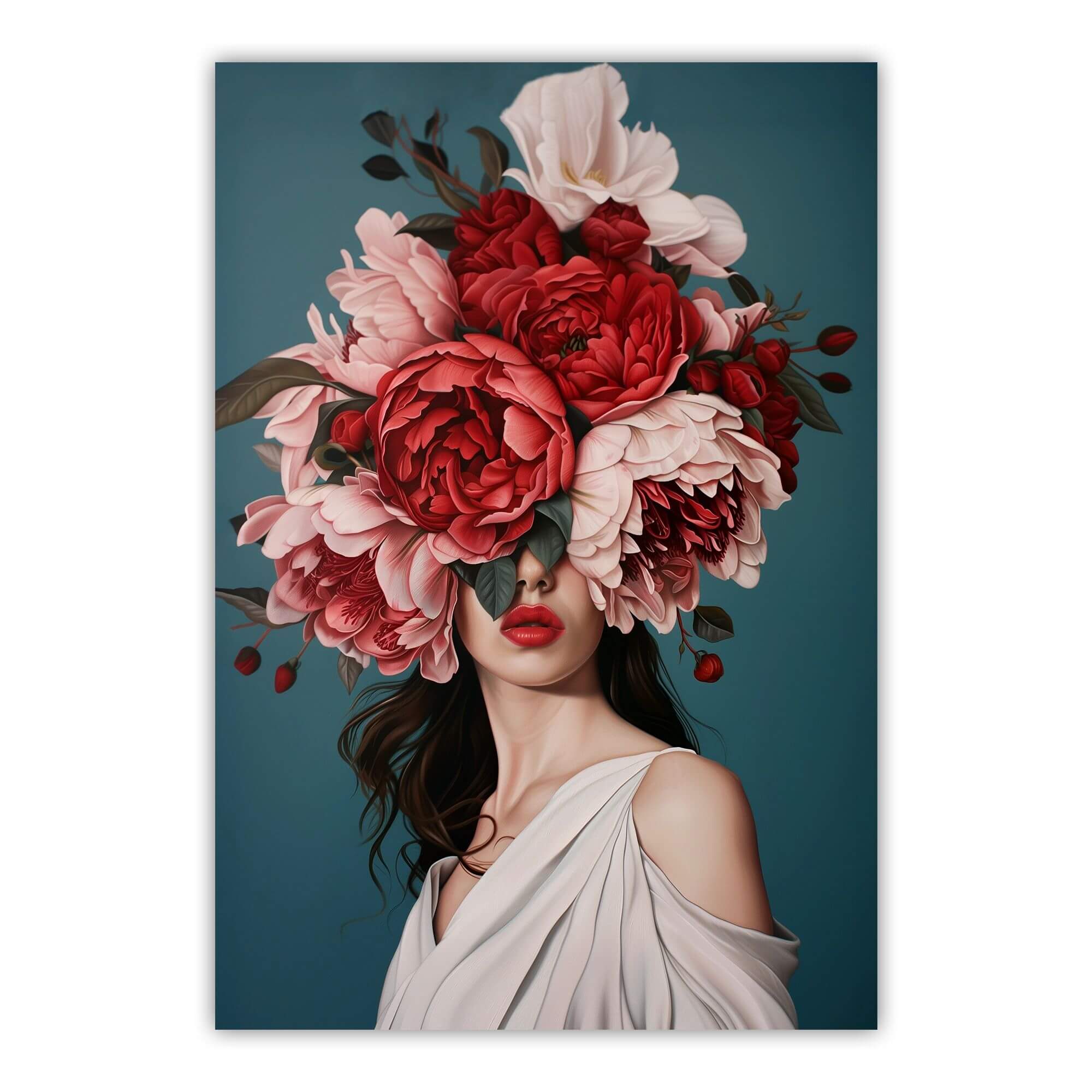 Rose Veil Print | Red & Pink Roses Teal Dark Blue Floral Woman
