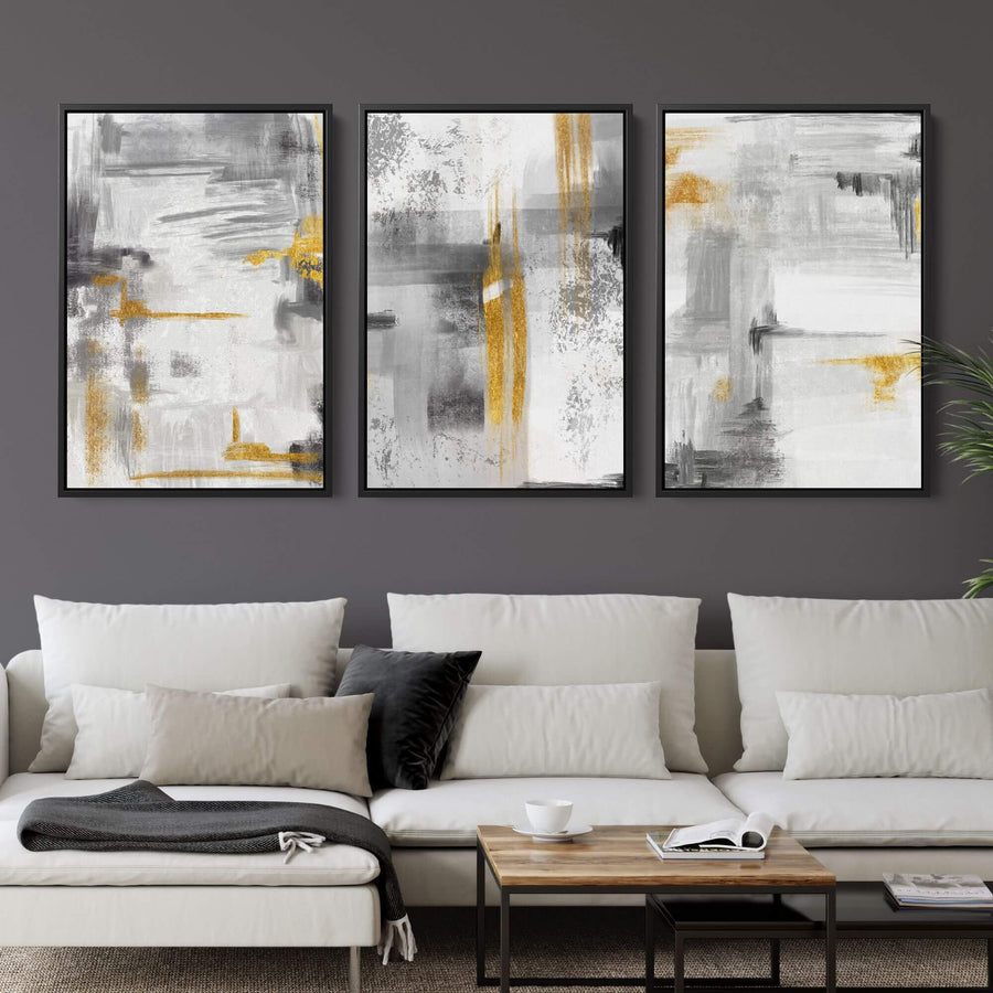 Abstract Wall Art Set of 3 Grey Large Canvas Prints for Living Room ...