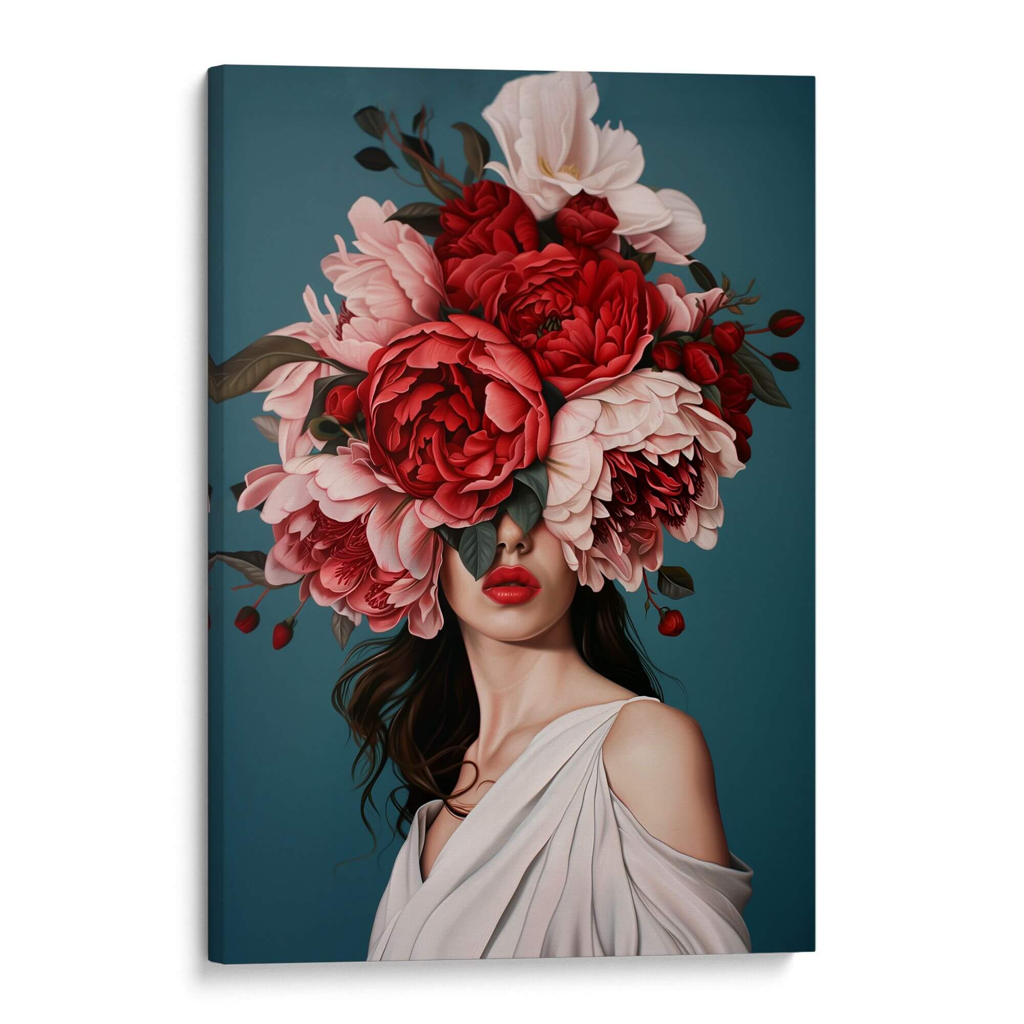 パブロ・ピカソ、Portrait of J. R. with Roses Rose Veil Print | Red & Pink Roses Teal Dark Blue Floral Woman