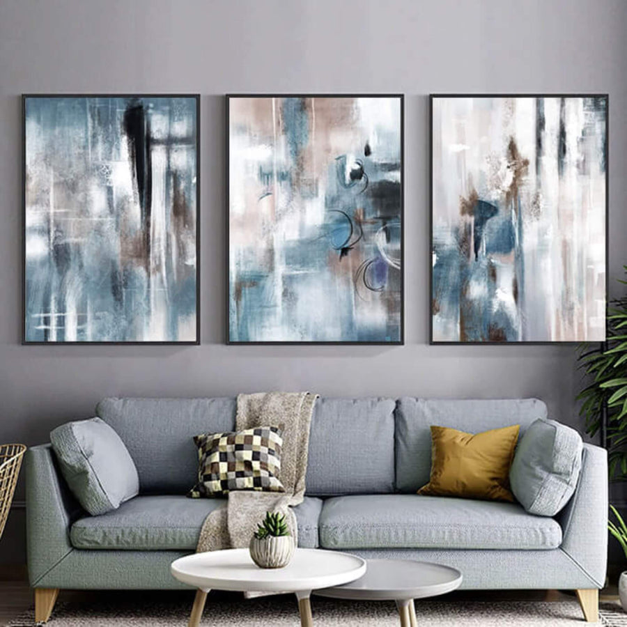 Abstract Bleu Set of 3 Prints, Blue, Orange, White Large Wall Art ...