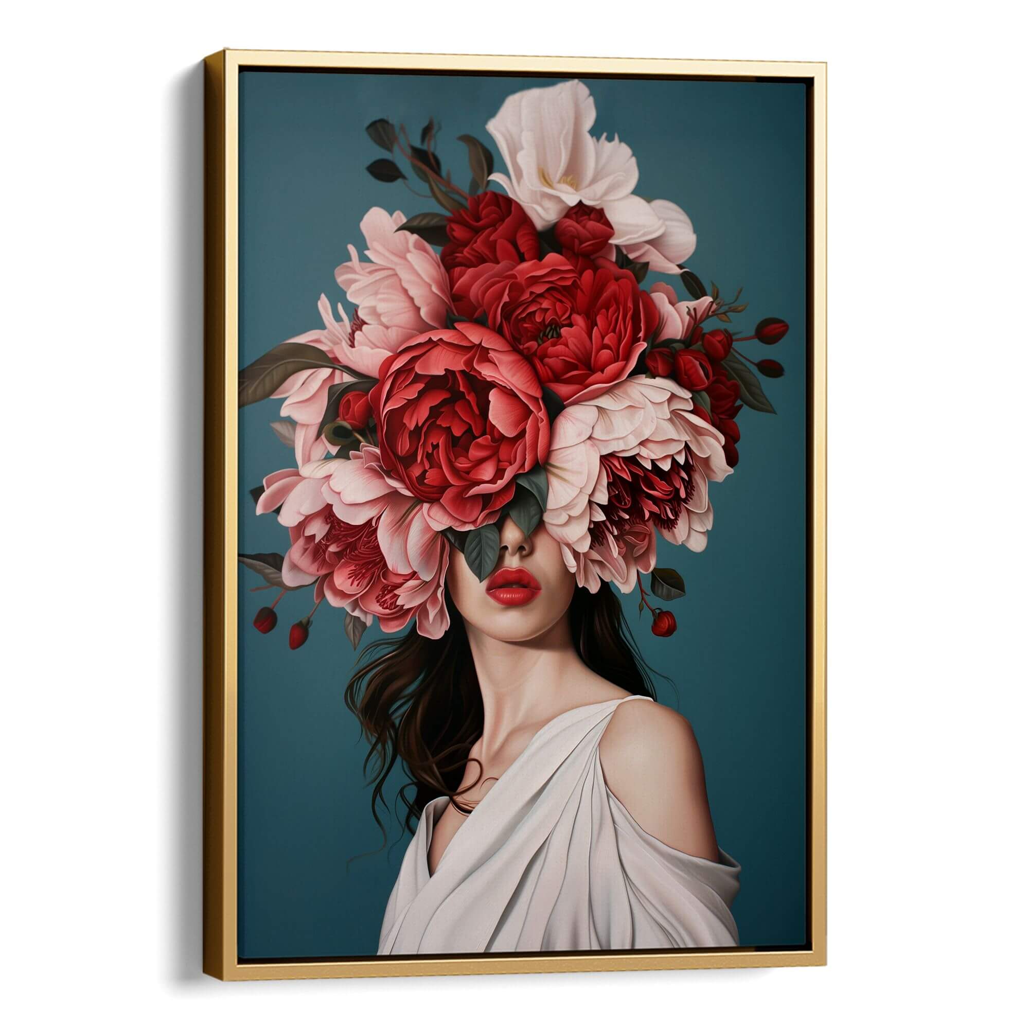 Rose Veil Print | Red & Pink Roses Teal Dark Blue Floral Woman