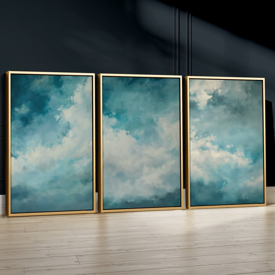 Blue Drifting Clouds Set of 3 Prints Wall Art Moncasso