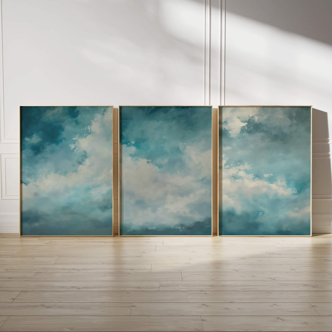 Blue Drifting Clouds Set of 3 Prints Wall Art Moncasso