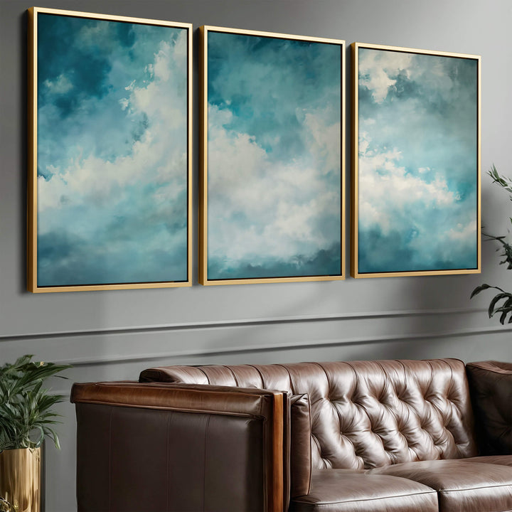 Blue Drifting Clouds Set of 3 Prints Wall Art Moncasso