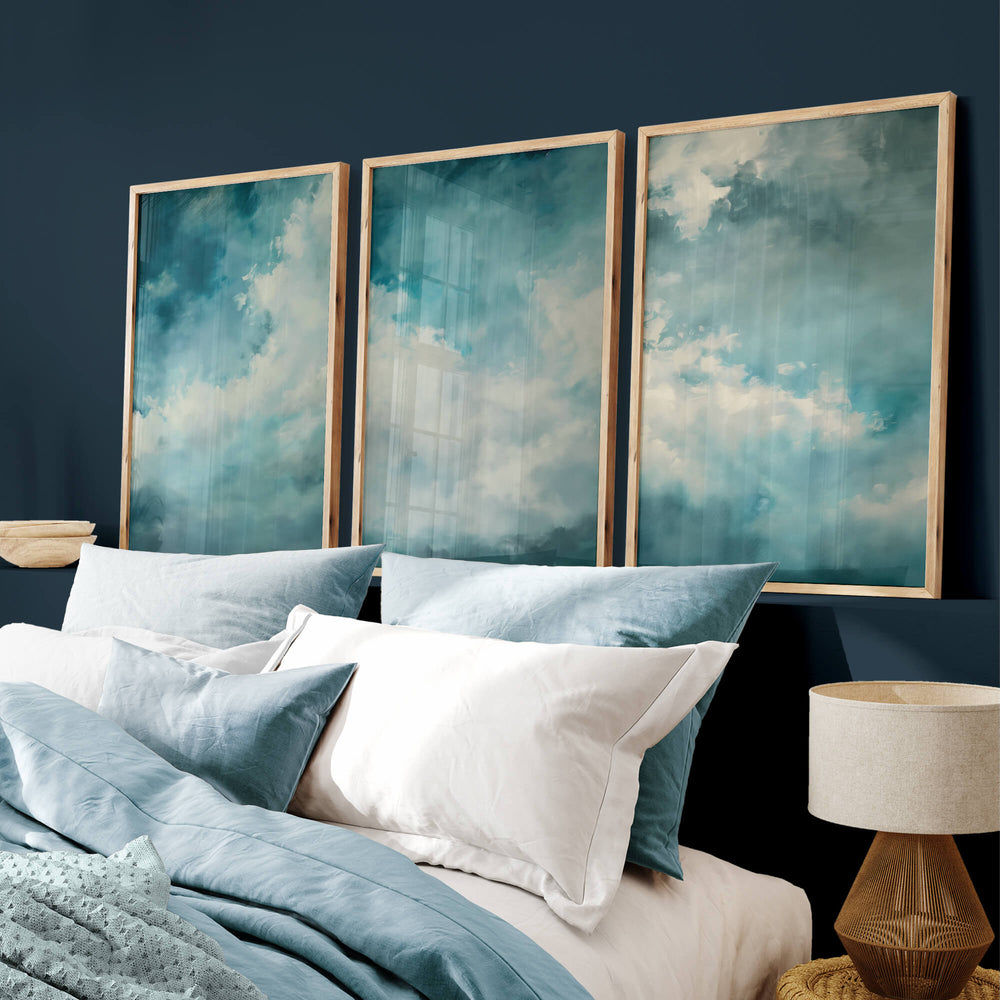 Blue Drifting Clouds Set of 3 Prints Wall Art Moncasso