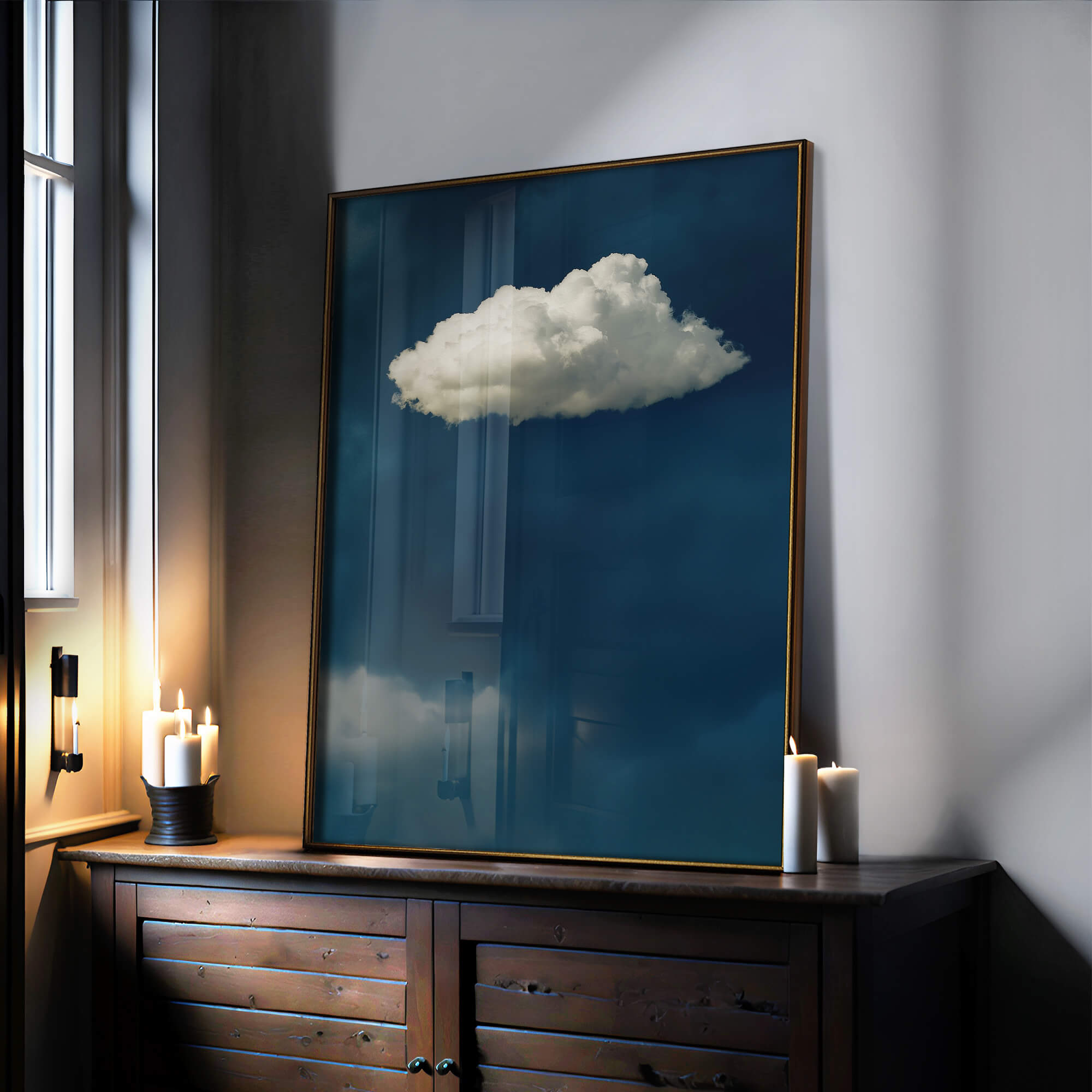 絵画 CLOUD 1 Between two cliffs, a fish. A golden cloud allows the wind to move