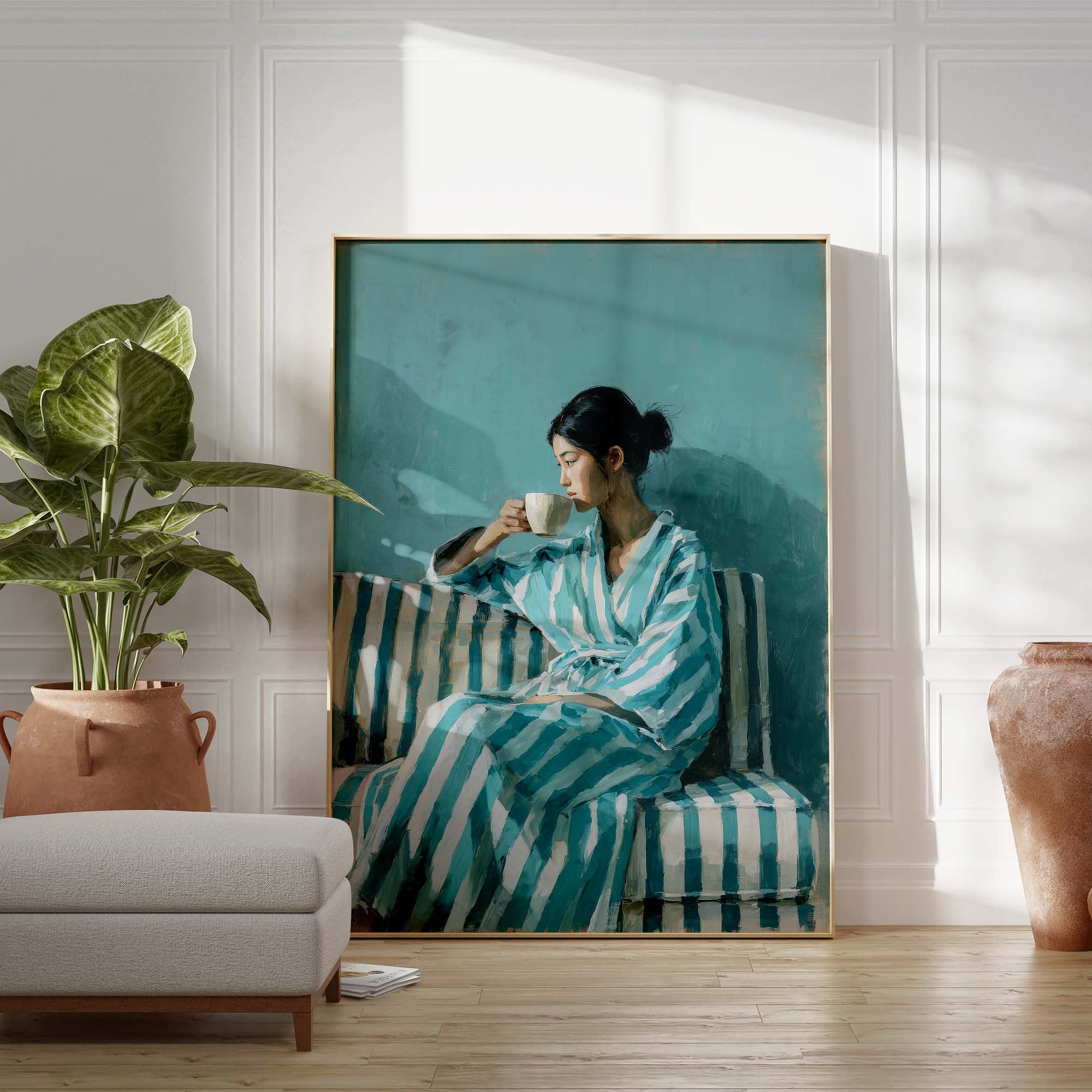 Coffee Rituals Print | Female Figurative Portrait Blue Canvas Wall Art ...