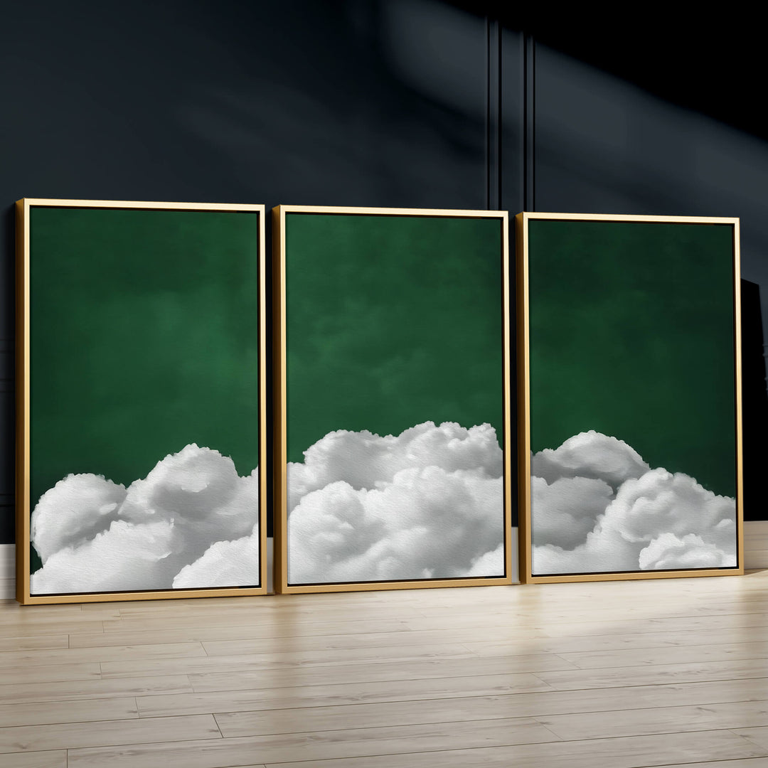 Deep Green Billowing Clouds Set of 3 Prints Wall Art Moncasso