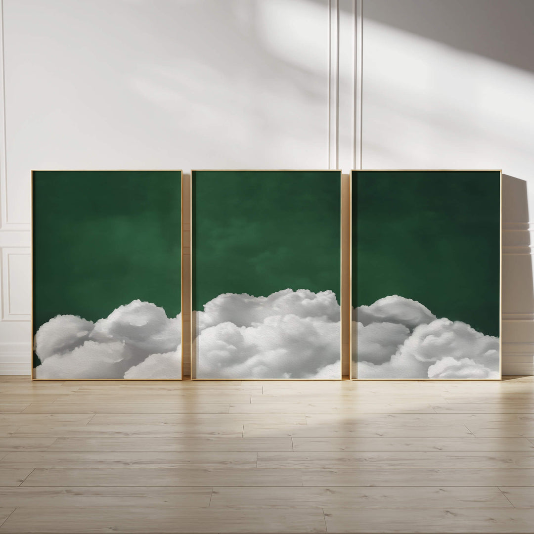 Deep Green Billowing Clouds Set of 3 Prints Wall Art Moncasso