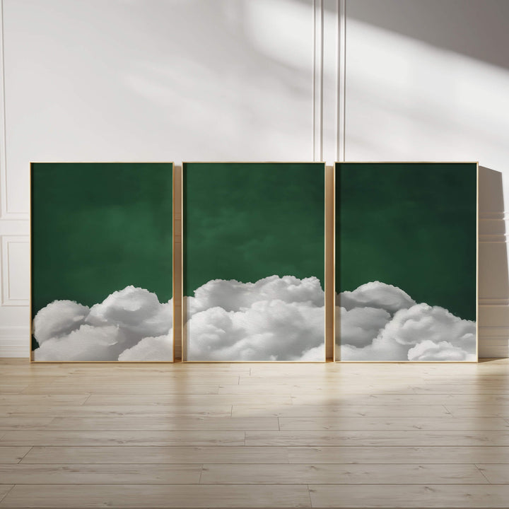 Deep Green Billowing Clouds Set of 3 Prints Wall Art Moncasso