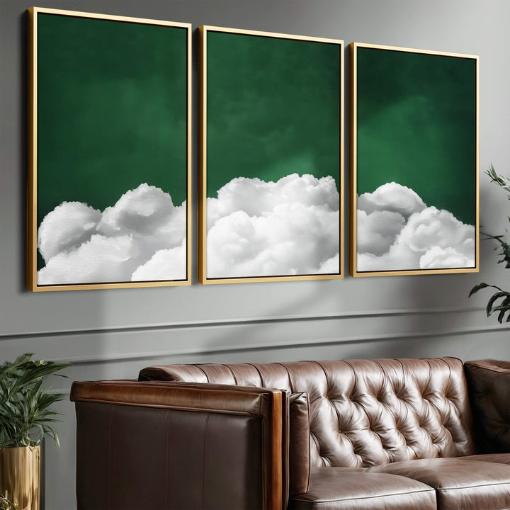 Deep Green Billowing Clouds Set of 3 Prints Wall Art Moncasso