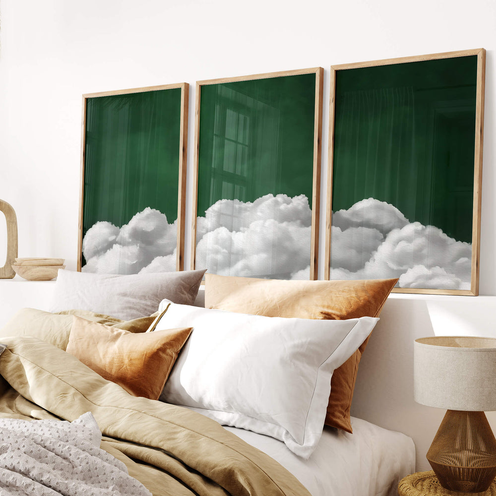 Deep Green Billowing Clouds Set of 3 Prints Wall Art Moncasso