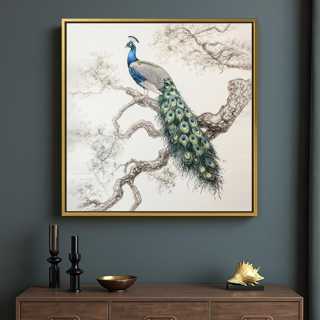 Elegant Peacock Square Print Wall Art Moncasso