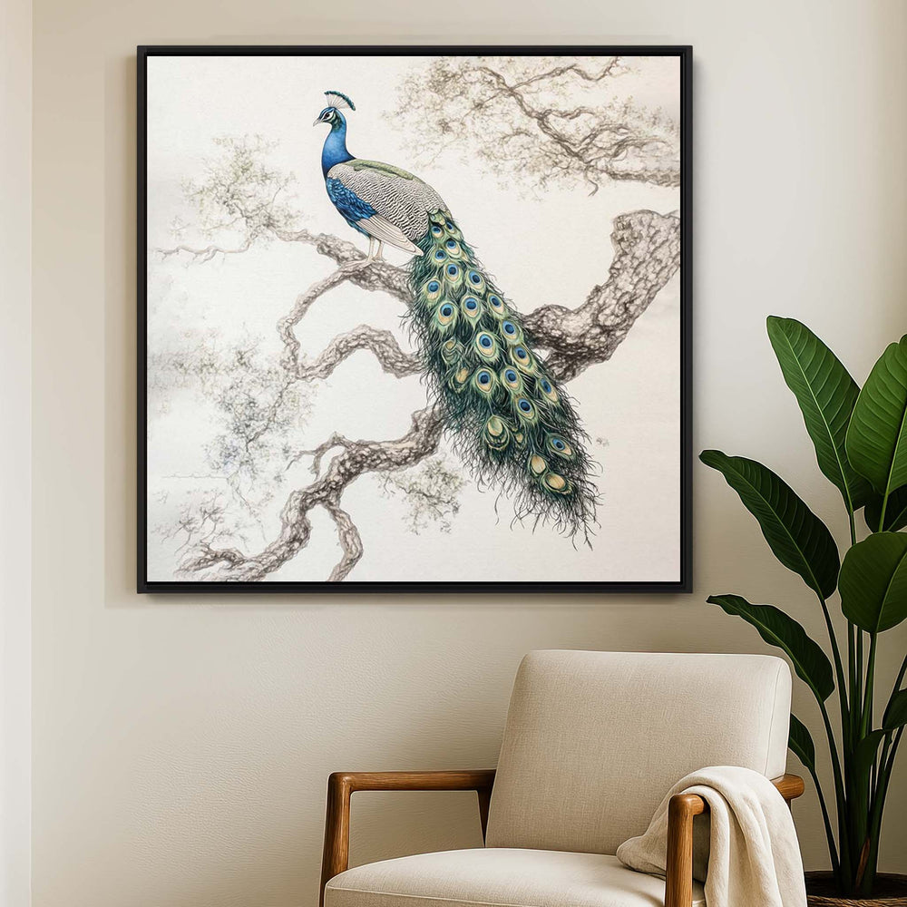 Elegant Peacock Square Print Wall Art Moncasso