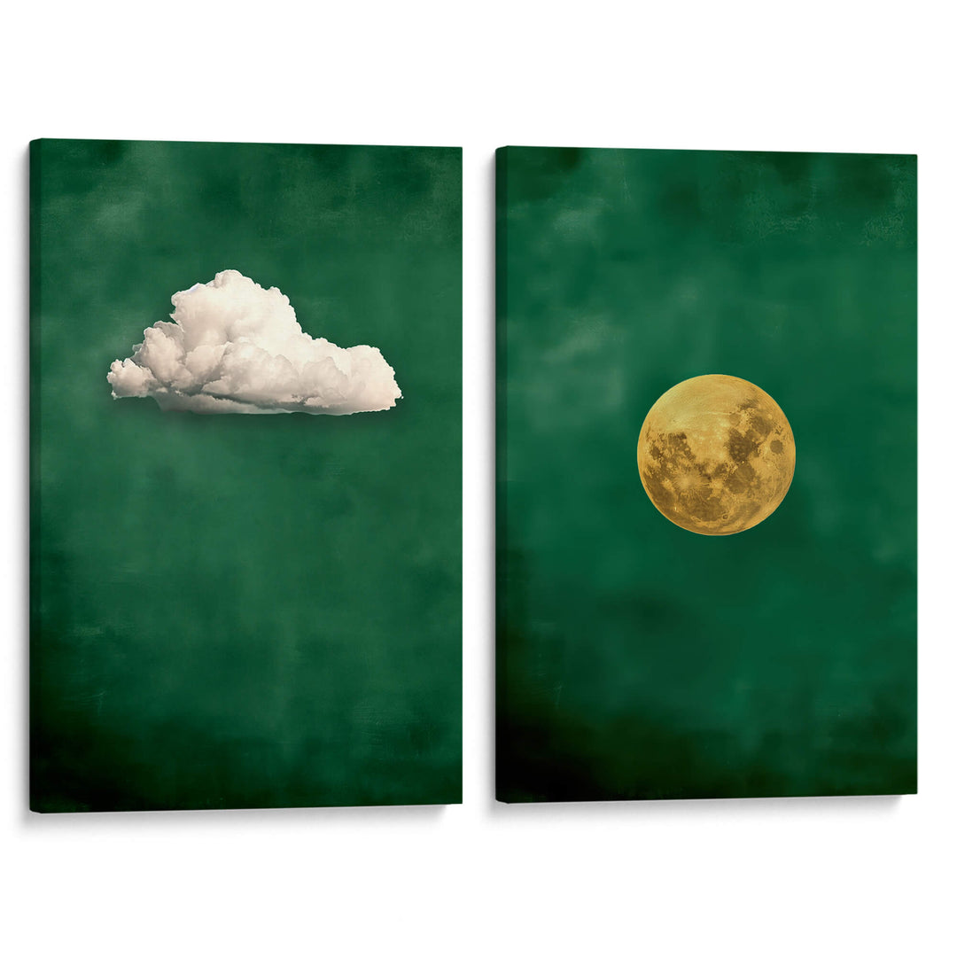 Emerald Cloud and Moon Set of 2 Prints Wall Art Moncasso